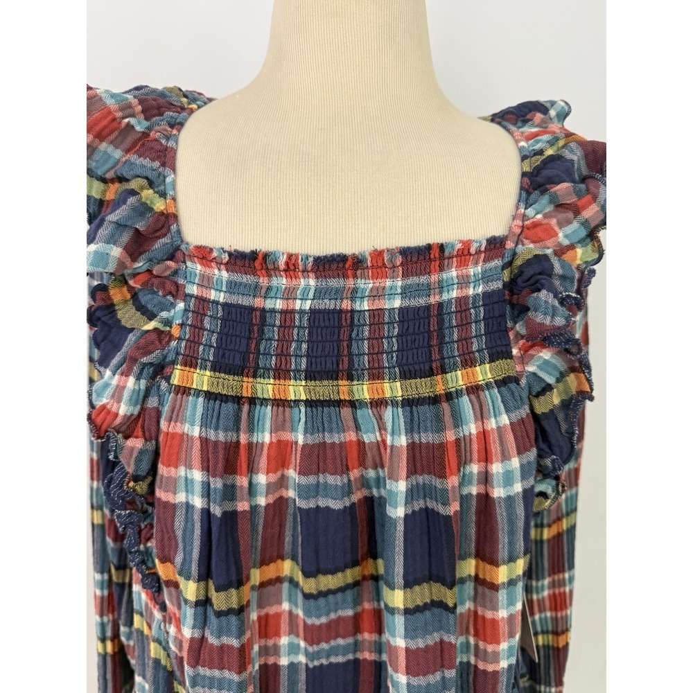 We the FREE PEOPLE New Siena Plaid Pullover TOP Small Babydoll Teal Country $118 - Picture 6 of 16